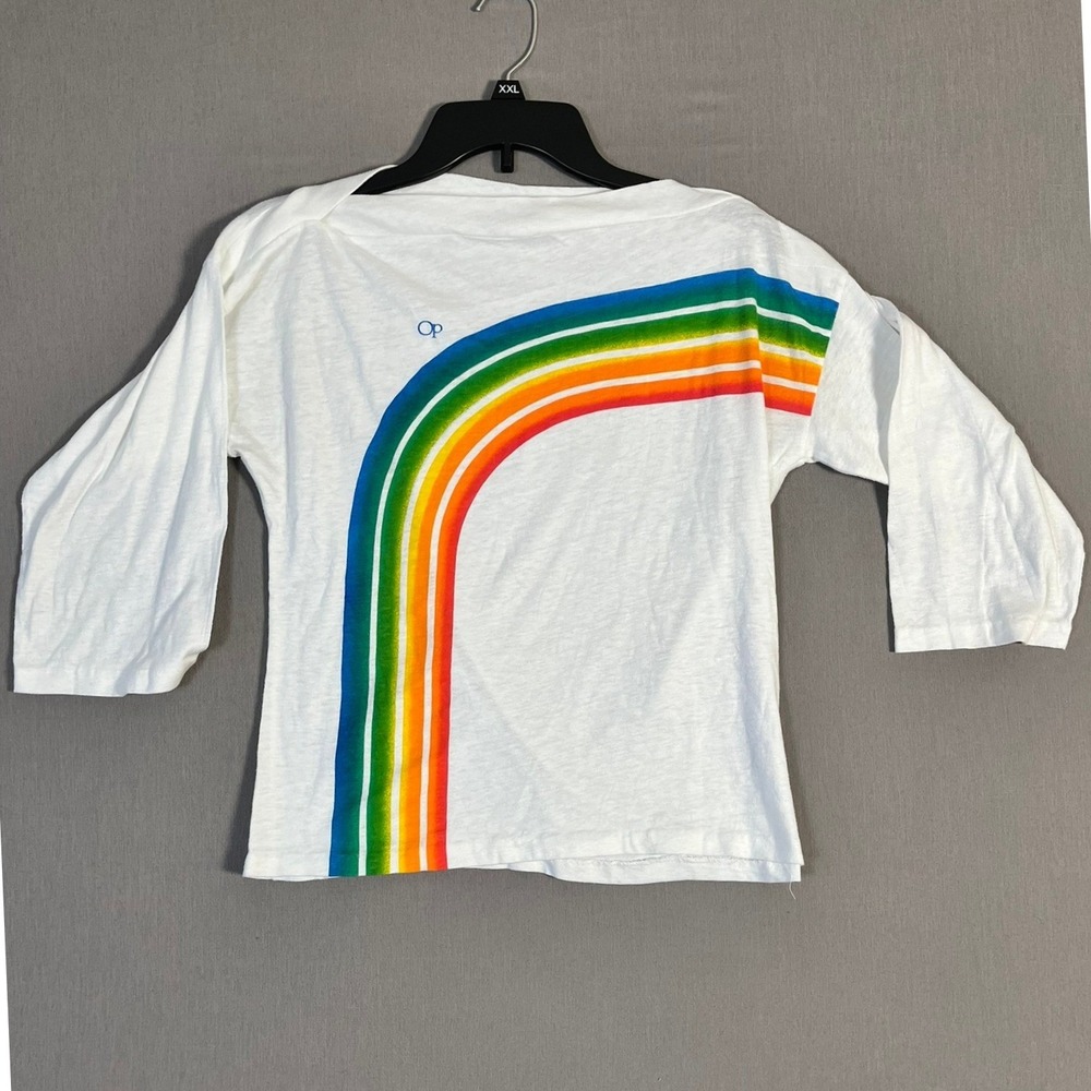 Vintage Ocean Pacific T-Shirt L Cotton Blend Rainbow White 80s Surfcore BeachEUC